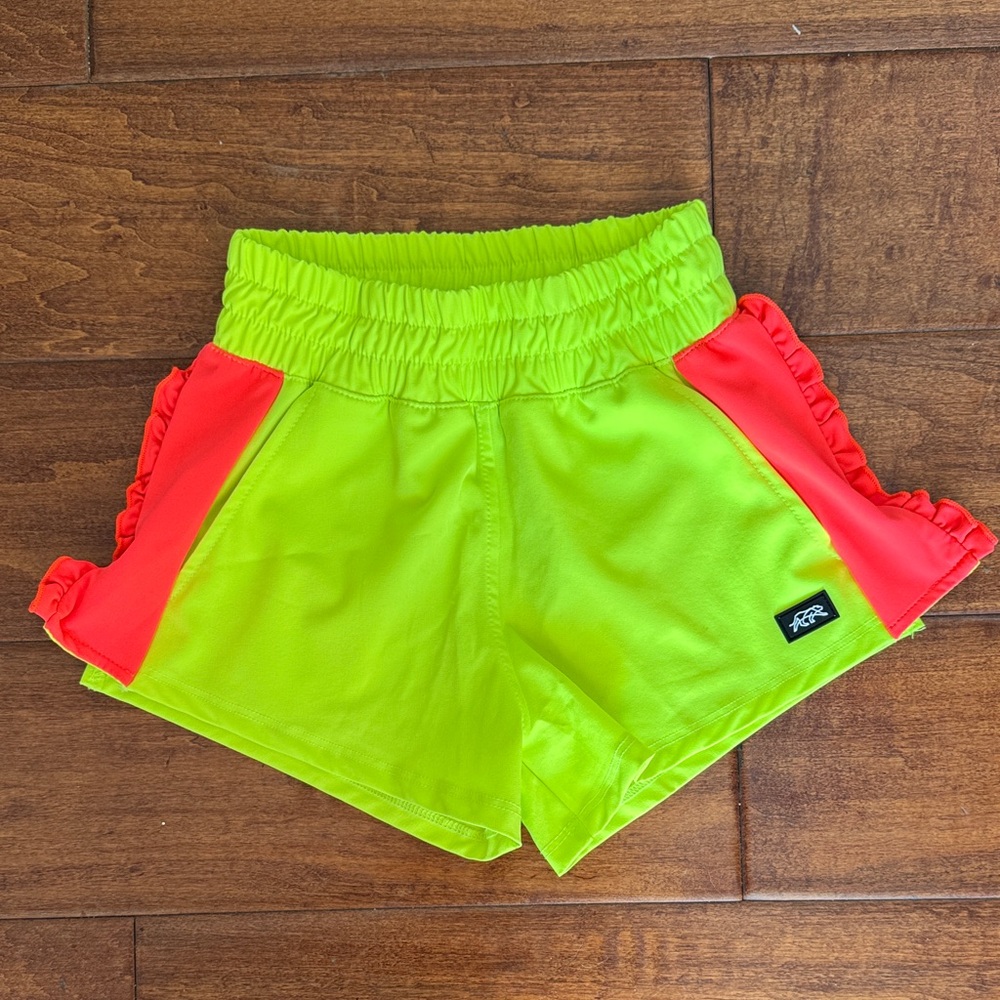 Tiger Friday Vibrant Lime Green and Coral Dance Shorts with Ruffle
